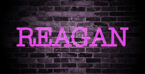 Fototapeta na wymiar first name Reagan in pink neon on brick wall