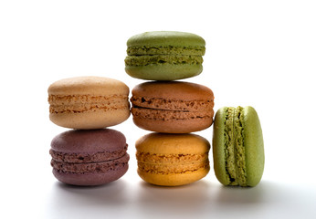 studio shoot of colorful macaroons stack up on a white background