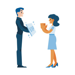 Vector customer retention and customer relations managment concept with smiling manager with special offer in hands - vip card or bonus package offering to young girl, woman client clapping