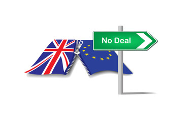 Brexit - vector image of a the UK and EU flags zipped together and a road sign with the words No deal.