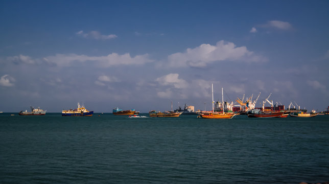 Panorama Of Djibouti Port , Ships And Cargo Crane