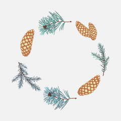 Wreath of coniferous twigs, golden pine cone