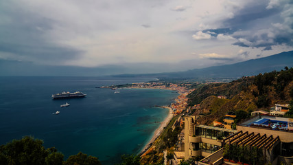 Obraz premium Aerial view to Taormina bay, Sicily Italy