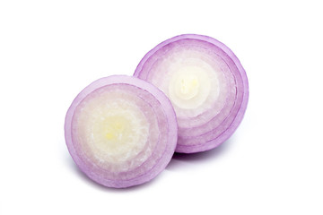 Image of fresh red sliced onion(Cebolla Morada) isolated on white background,. Vegetables. Spices. Food.
