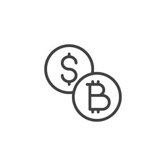 Dollar and bitcoin coins outline icon. linear style sign for mobile concept and web design. Bitcoin and dollar money exchange simple line vector icon. Symbol, logo illustration. Pixel perfect vector 