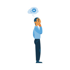 Vector adult man in casual clothing talking to colleague gesticulating with gear icon above head as mental process indicator. Worker communicating, discussing design. Flat illustration