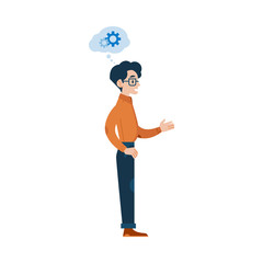 Vector adult man in casual clothing talking to colleague gesticulating with gear icon above head as mental process indicator. Worker communicating, discussing design. Flat illustration