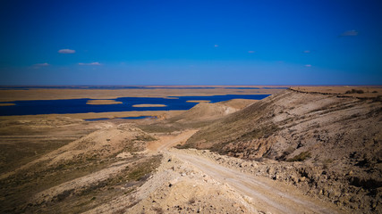 Landscape of Sudochye lake aka part of former Aral sea at Urga fishing village, Karakalpakstan, Uzbekistan