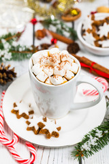 Christmas Background with Hot Cocoa with Marshmallows. Selective focus.