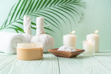 Spa treatments set on wooden background
