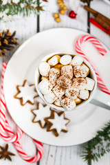 Christmas Background with Hot Cocoa with Marshmallows. Selective focus.