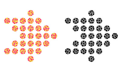 Pixel dotted arrow right mosaic icons. Vector dotted arrow right icons in bright and black versions. Collages of random circle spots.