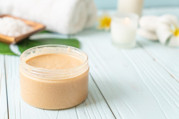 Spa treatments set on wooden background