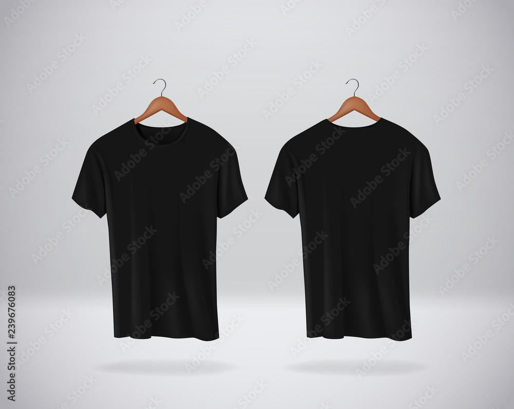 Sticker black t-shirts mock-up clothes hanging isolated on wall, blank front and rear side view. - Stickers