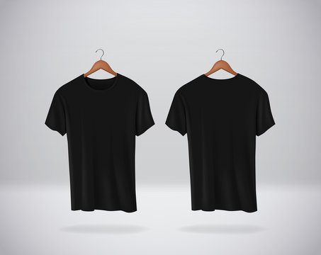 Black T-Shirts Mock-up clothes hanging isolated on wall, blank front and rear side view.