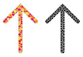 Dotted arrow up mosaic icons. Vector arrow up icons in bright and black versions. Collages of random spheric spots. Vector collages of arrow up icons composed of arbitrary circle elements.