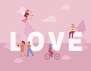 Happy Valentine's day card with simply vector flat people and heart