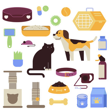Simply vector pet shop goods for cats and dogs flat collection