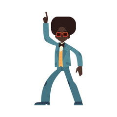 Vector illustration of african man dancing disco in flat cartoon style - male character wearing cloth and hair in 70s fashion style doing dance moves and having fun isolated on white background.