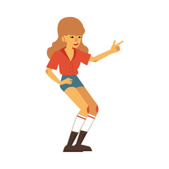 Fototapeta na wymiar Vector illustration of woman dancing disco isolated on white background. Happy smiling female character wearing cloth and hair in 70s fashion style doing dance moves in flat cartoon style.