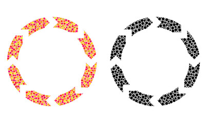 Pixel circulation mosaic icons. Vector circulation icons in bright and black versions. Collages of irregular round dots. Vector collages of circulation icons created of variable round pixels.