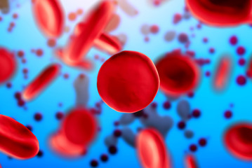 3d illustration of red blood cells erythrocytes close-up under a microscope. Concept for scientific...