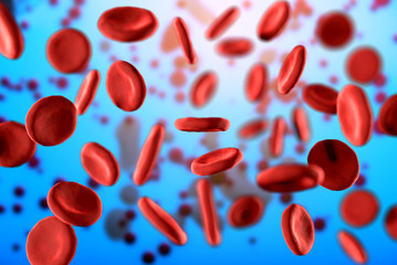 3d illustration of red blood cells erythrocytes close-up under a microscope. Concept for scientific medical background