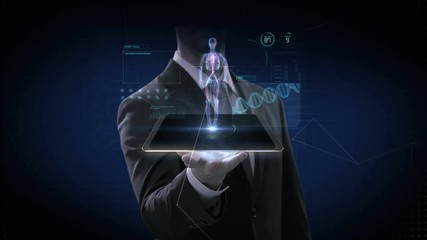 Businessman lifting smart pad, tablet, Scanning Human blood vessel with UI, Future medical technology, X-ray light. 4k animation.