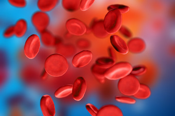 3d illustration of red blood cells erythrocytes under a microscope on blue background. Scientific...