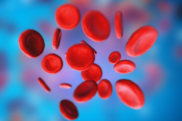 3d illustration of red blood cells erythrocytes under a microscope on blue background. Scientific medical concept