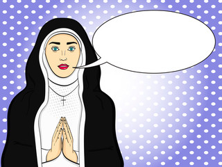 pop art votaress, God sister prays. In black and white clothes. Theme of faith, woman raster Text bubble