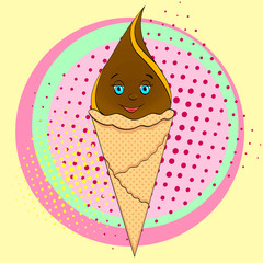 Ice cream cone with face, smile on pop art background. An imitation comic book. raster