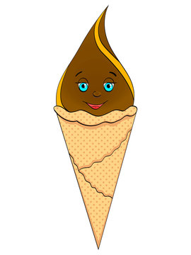 Ice cream cone with face, smile onIsolated object on white background. An imitation comic book. raster