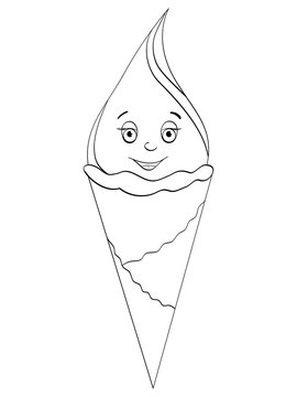 Ice cream cone with face, smile onIsolated Children coloring book. Black lines on a white background.