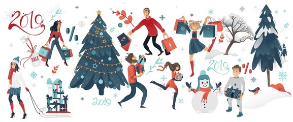 Vector 2019 new year, christmas holiday sale, discount or clearance symbols and characters set. Men and women, kids running with present boxes, winter trees with snowcaps, snowman and snowflakes