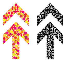 Pixel arrow up mosaic icons. Vector arrow up icons in bright and black versions. Collages of irregular round dots. Vector mosaics of arrow up icons organized with scattered round dots.
