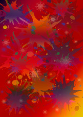 Abstract motley red background with bright colored splashes, ovals, blots and snowflakes