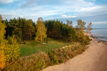 sandy sea beach with rocks and low tide in overcast day