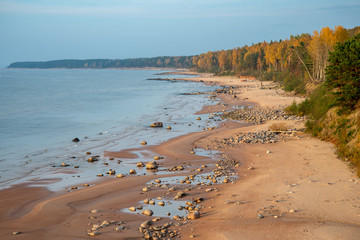sandy sea beach with rocks and low tide in overcast day
