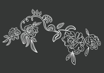 Vector illustration of very beautiful amazing fashion embroidered roses in powder pink tones isolated on black background, can be used as print for t shirt, decor for clothes, poster, card