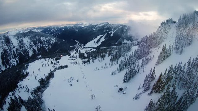 Winter Ski and Snowboard Resort Aerial Above Chairlifts