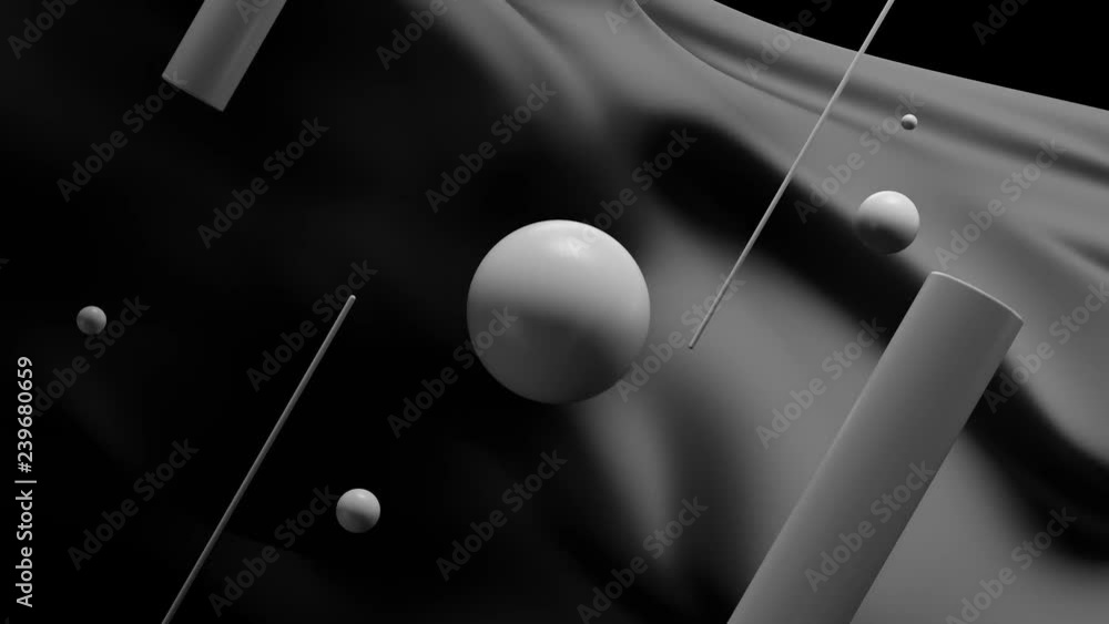 Poster monochrome 3d rendered abstract background with sphere and cylinders infront of wavy geometry.