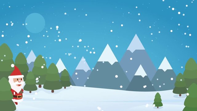 Travers&eacute;e du P&egrave;re No&euml;l avec son sac de cadeaux dans un paysage de montagne (flat design)