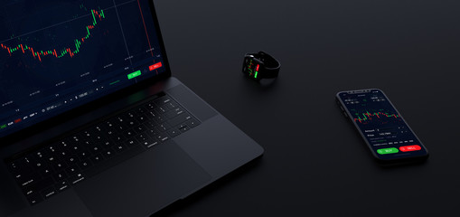Stock exchange concept app running on laptop, phone and smart watch simultaneous (3D illustration) - obrazy, fototapety, plakaty