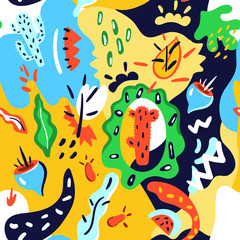 Artistic seamless pattern with hand drawn cacti, leaves, flowers and abstract shapes. Trendy repeating cactus background. Contemporary art, modern design. Vector illustration