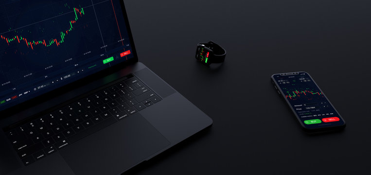 Stock exchange concept app running on laptop, phone and smart watch simultaneous (3D illustration)