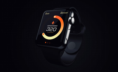 Modern smartwatch with fitness tracker app on screen tracking burned calories on dark background (3D illustration) 