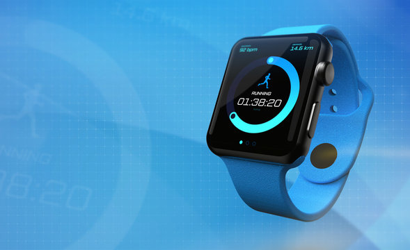Modern smartwatch with fitness tracker app on screen tracking running time (3D illustration) 