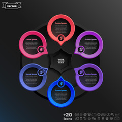 Vector infographic design with colorful circle on the black background. Business concept. 6 options, parts, steps. Can be used for graph, diagram, chart, workflow layout, number options, web