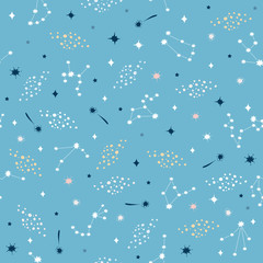 Constelliations and stars on blue background. Seamless pattern. Vector illustration